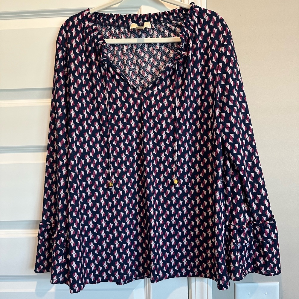Michael Kors Navy Blouse with Pink and White Geometric Print